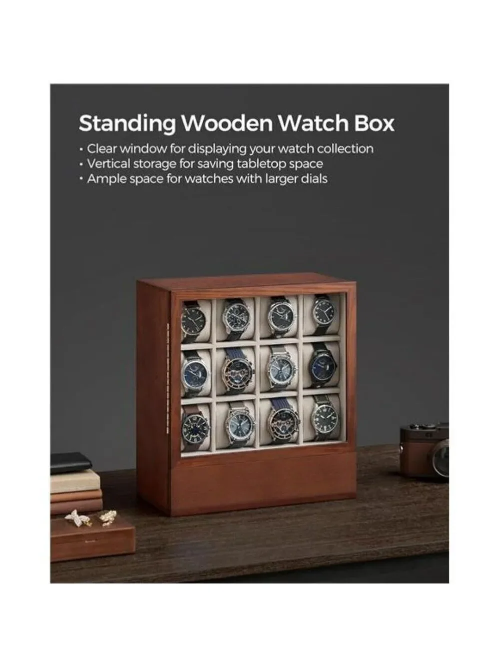 12 Slot Wood Watch Display Box Vertical Organizer with Drawer Velvet Lining